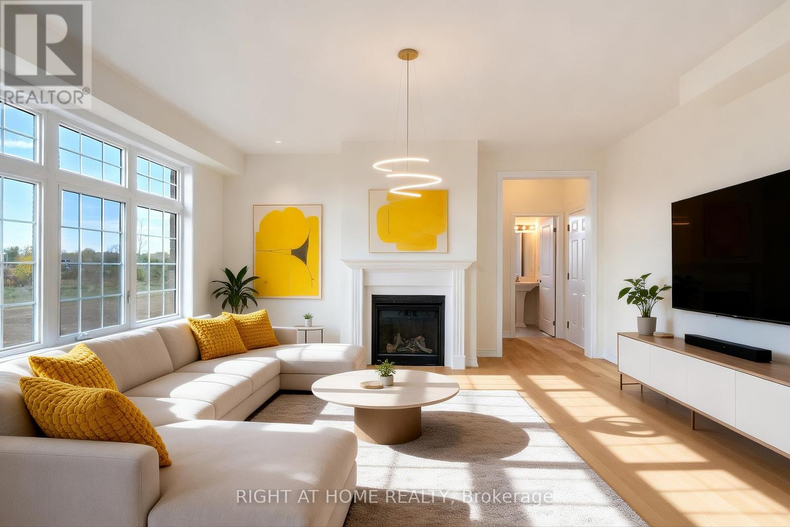 Great room — fireplace, large windows