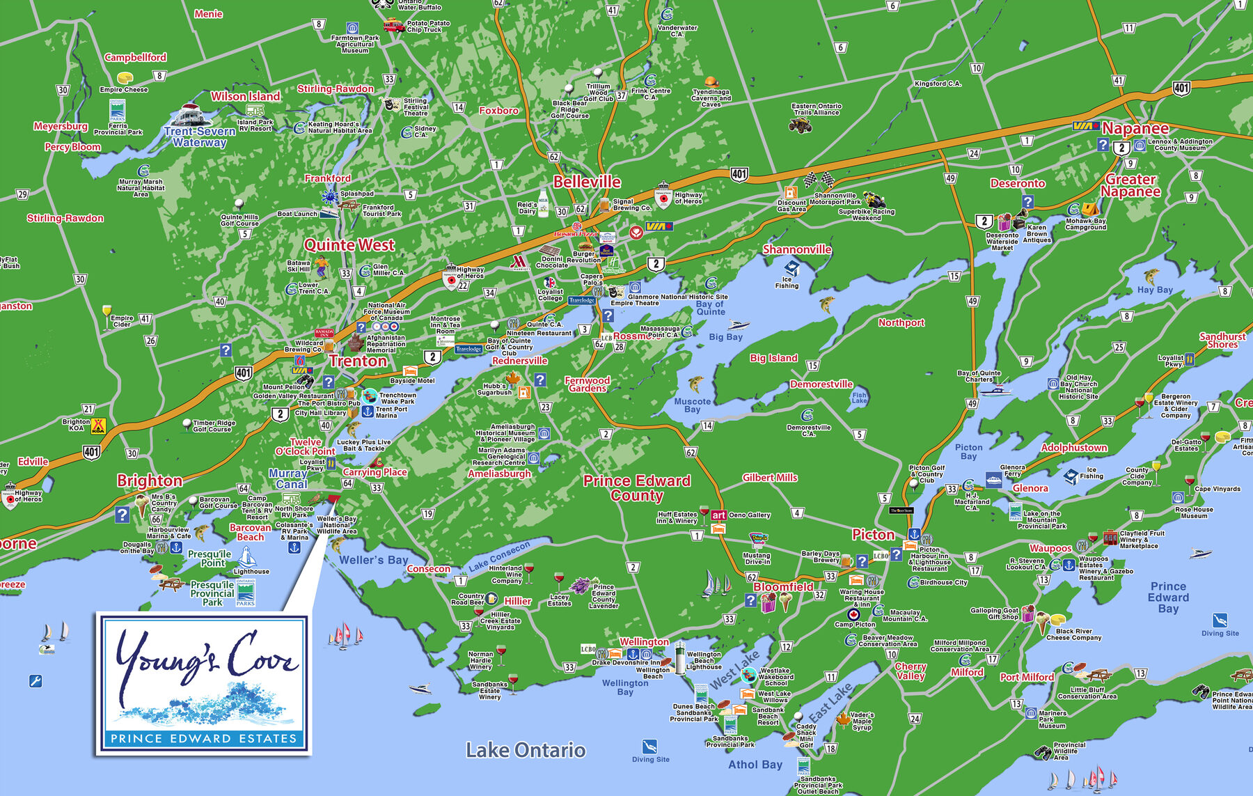 Map of the Bay of Quinte and Prince Edward County showing Young's Cove on Weller's Bay, with Belleville, Trenton, Brighton, Wellington and Picton nearby