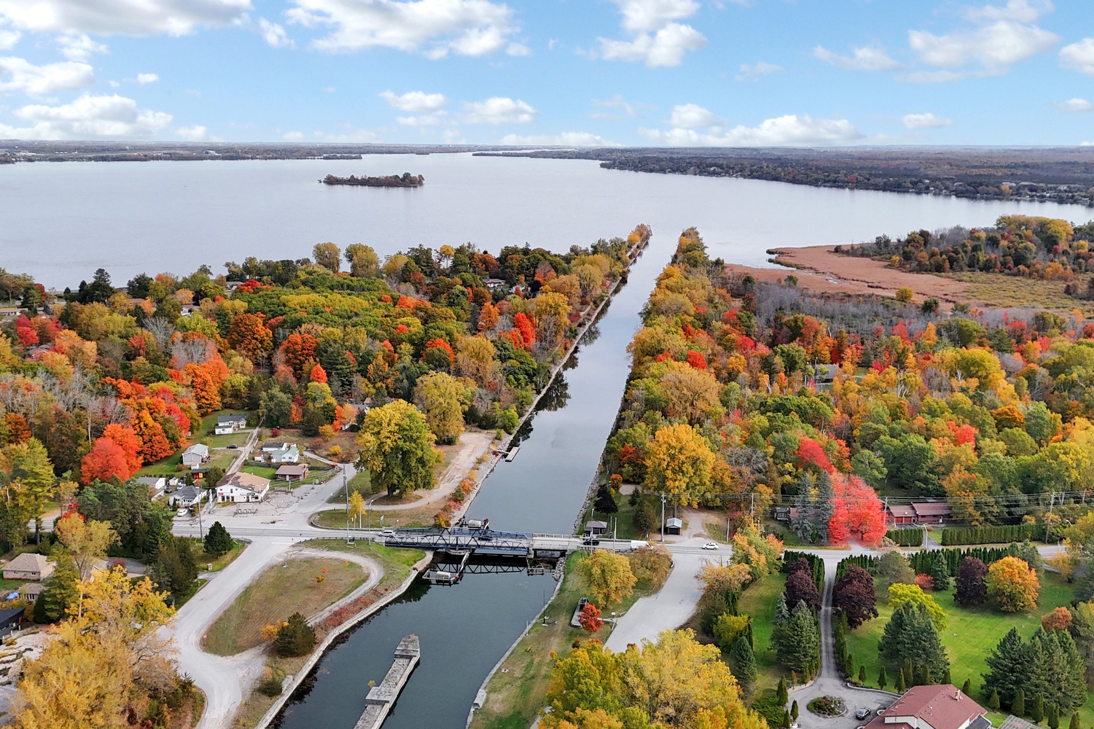 Aerial view of the Murray Canal and Bay of Quinte in autumn near Young's Cove